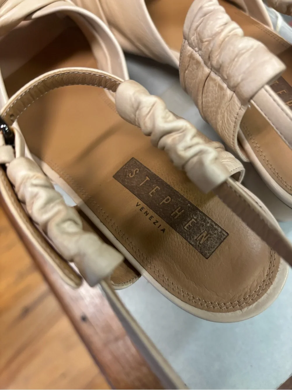 Stephen Braided Cream Leather Ankle-Strap Sandals.